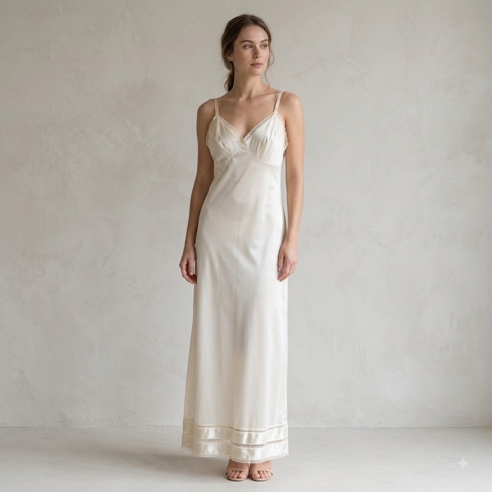 Vintage Kayser Full Slip Dress Sz 34 Ivory Nylon Lace Trim Maxi USA Made Bridal